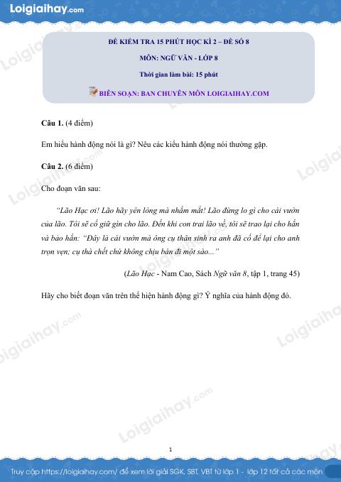 Đề kiểm tra 15 phút Văn 8 - Đề số 8